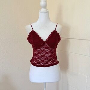 Faded Rose Lace Camisole Womens Large Burgundy Sheer V-Neck Cropped Romantic